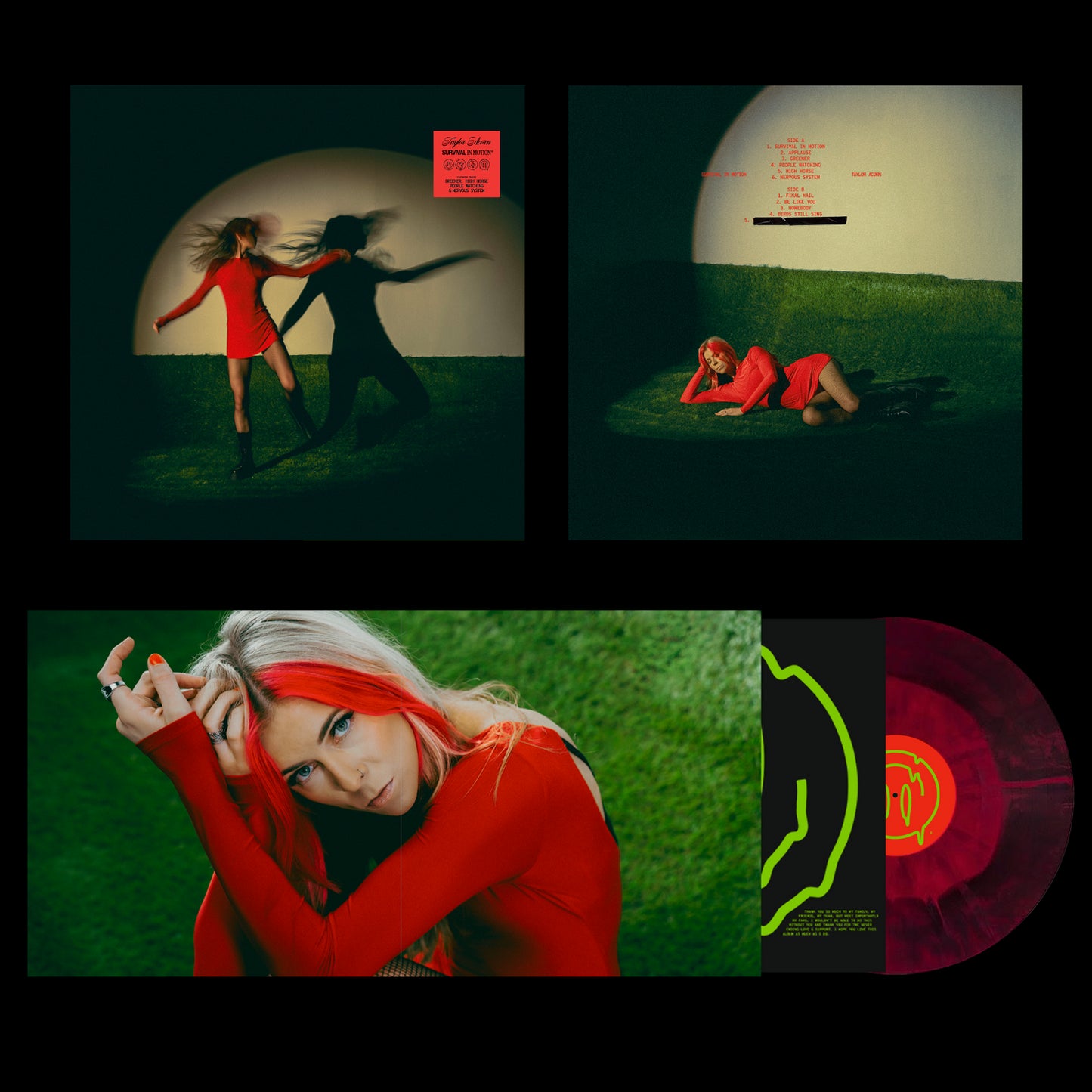 Four images display the Taylor Acorn vinyl album set: the cover shows a woman in a red dress and boots on grass with her shadow, plus shots of her lying on grass, a close-up of her face, and the eye-catching Black & Red Galaxy Vinyl record.