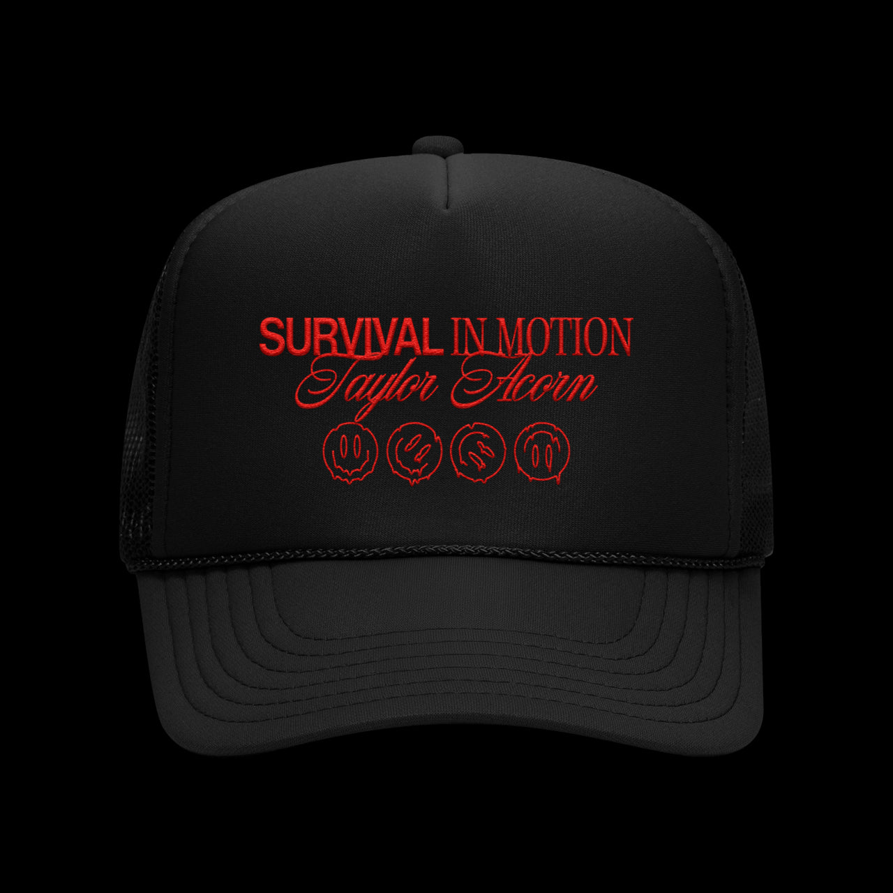 A black trucker hat by Taylor Acorn featuring red “SURVIVAL IN MOTION Taylor Acorn” text above four hand-drawn emoji faces, each with unique red-outlined expressions.