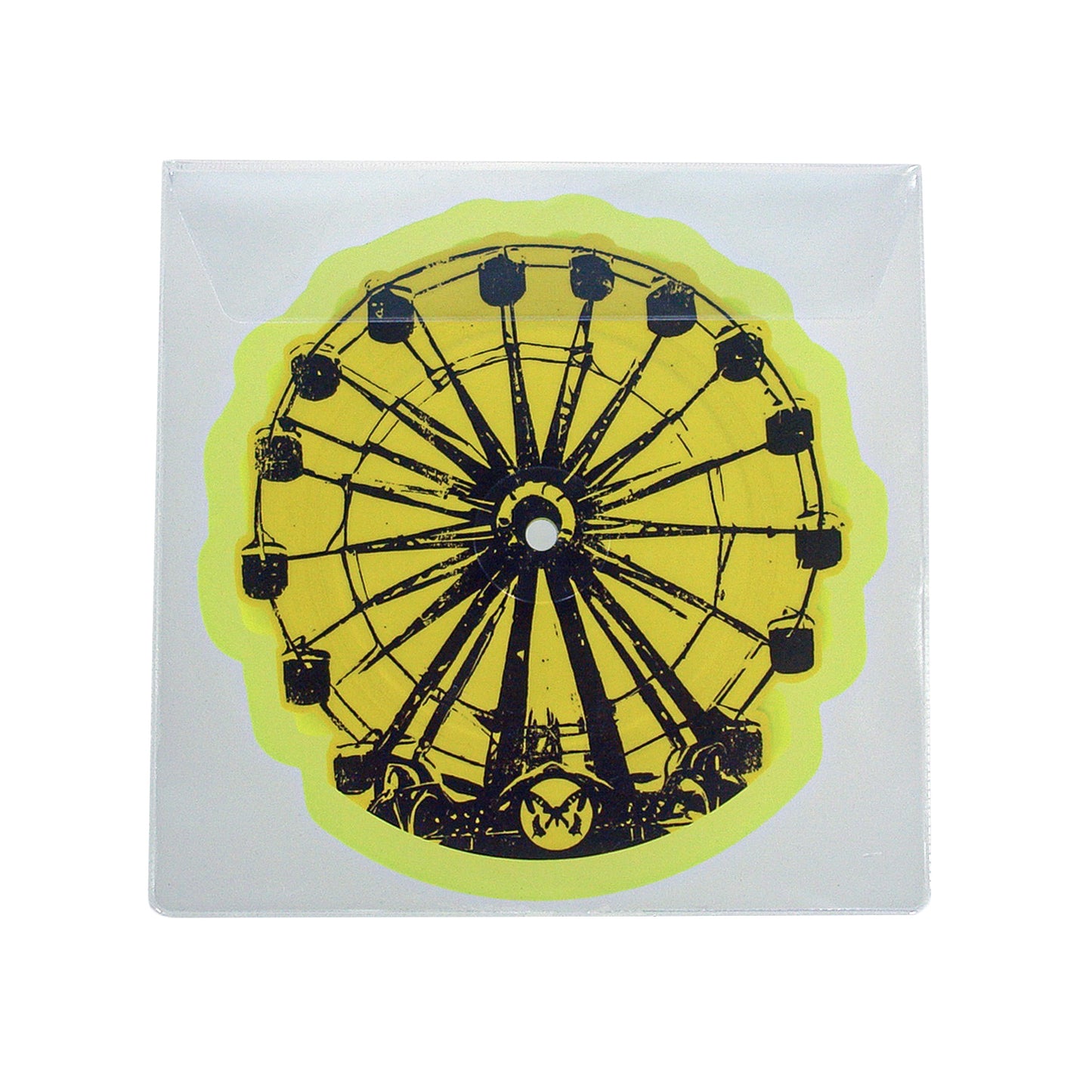 A Taylor Acorn sticker with a black Ferris wheel design on a bright yellow background, packaged in a clear, square plastic sleeve.