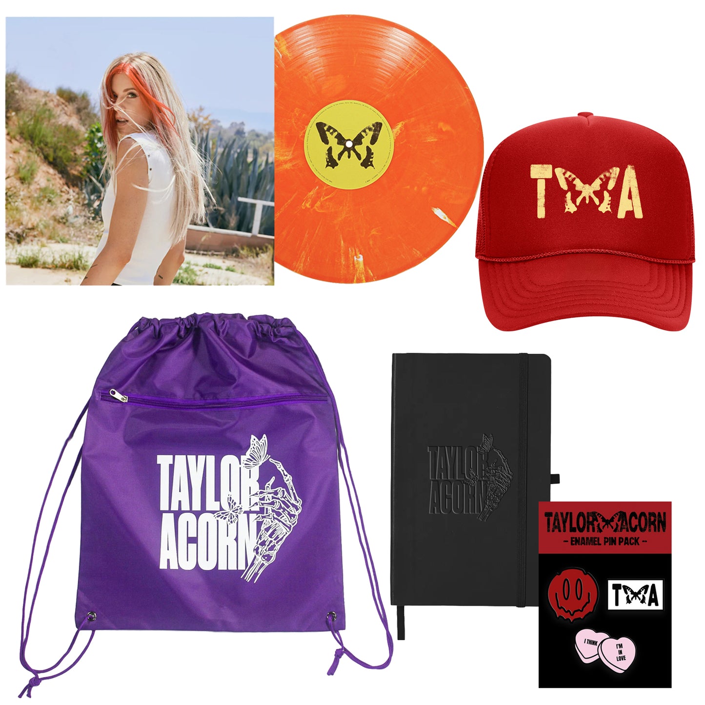 A bundle featuring the exclusive Candy Corn Vinyl LP, a bold red trucker hat, a vibrant purple cinch bag, a black notebook, pin badges, and a photo of a woman outdoors.