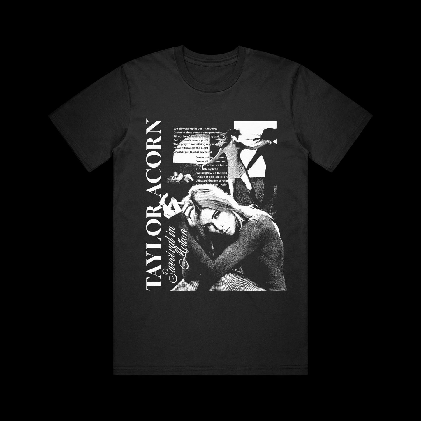 Black Comfort Colors t-shirt by Taylor Acorn with a black-and-white woman collage, stylized TAYLOR ACORN and Caught in the Middle text, plus white blocks and text excerpts in the background.