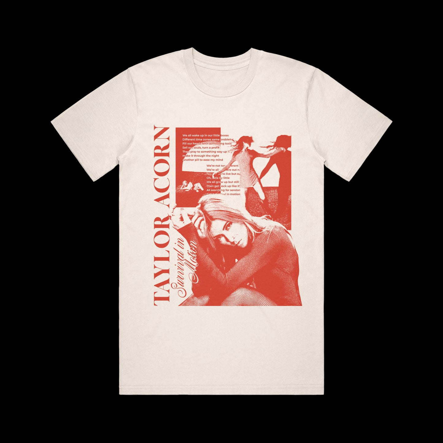 The Taylor Acorn off-white Comfort Colors T-Shirt features a red-toned woman’s photo, vertical TAYLOR ACORN text, Coma in Carolina script, soft ring-spun cotton, garment-dyed finish, and small red text above the photo.