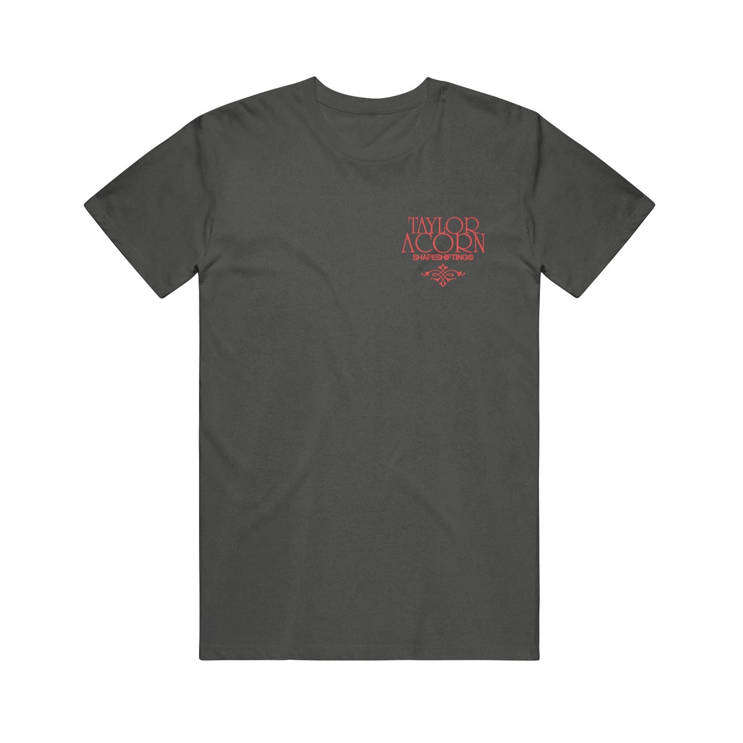 A black short-sleeve Taylor Acorn t-shirt features red text on the left chest with Taylor Acorn above smaller Survivor Two lettering and a small decorative graphic, making it a standout printed shirt.
