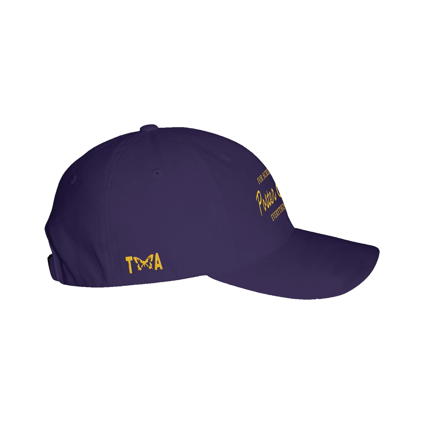 The Taylor Acorn dad hat comes in purple, with "TMA" embroidered in yellow on the side and more yellow text on the front. It features an adjustable strap at the back for a perfect fit and showcases laid-back style.