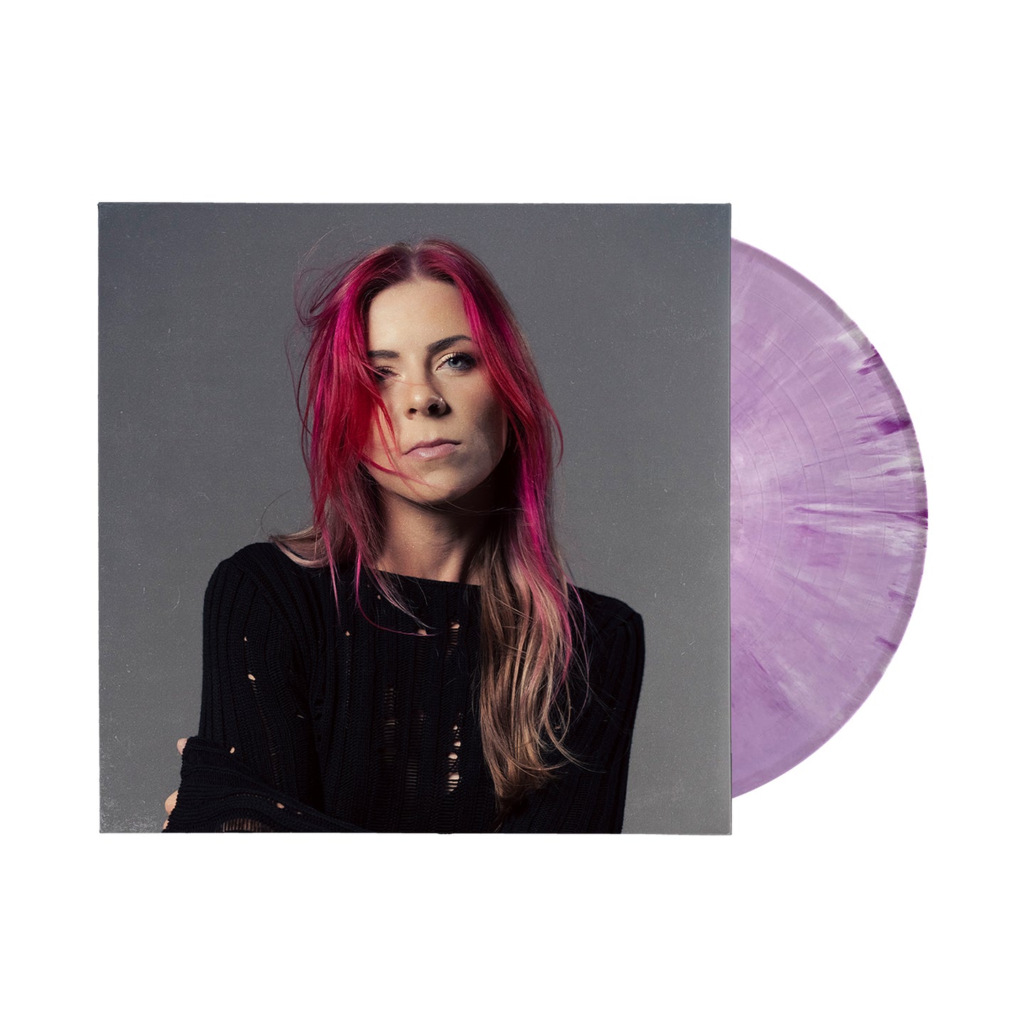 A marbled light purple Taylor Acorn Certified Depressant vinyl peeks out from behind an album cover featuring a woman with long, pink-tinted hair in a black sweater, posing against a plain gray background.