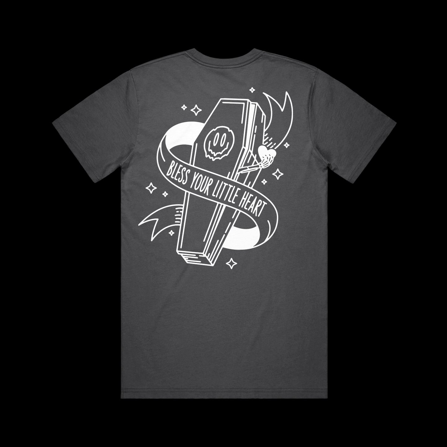 Taylor Acorn black T-shirt made from garment-dyed, ring-spun cotton featuring a white coffin graphic wrapped in a Bless Your Little Heart banner, with stars and a small flower.