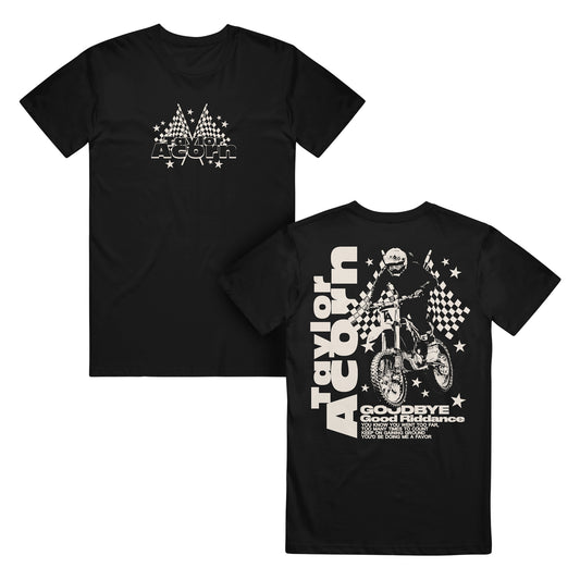Black t-shirt by Taylor Acorn with stars, checkered flags, and Taylor Acorn on the front. Back features a motocross rider, checkered flags, stars, and "Taylor Acorn Goodbye Good Riddance US Tour 2023" in bold.