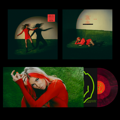 Four images display the Taylor Acorn vinyl album set: the cover shows a woman in a red dress and boots on grass with her shadow, plus shots of her lying on grass, a close-up of her face, and the eye-catching Black & Red Galaxy Vinyl record.