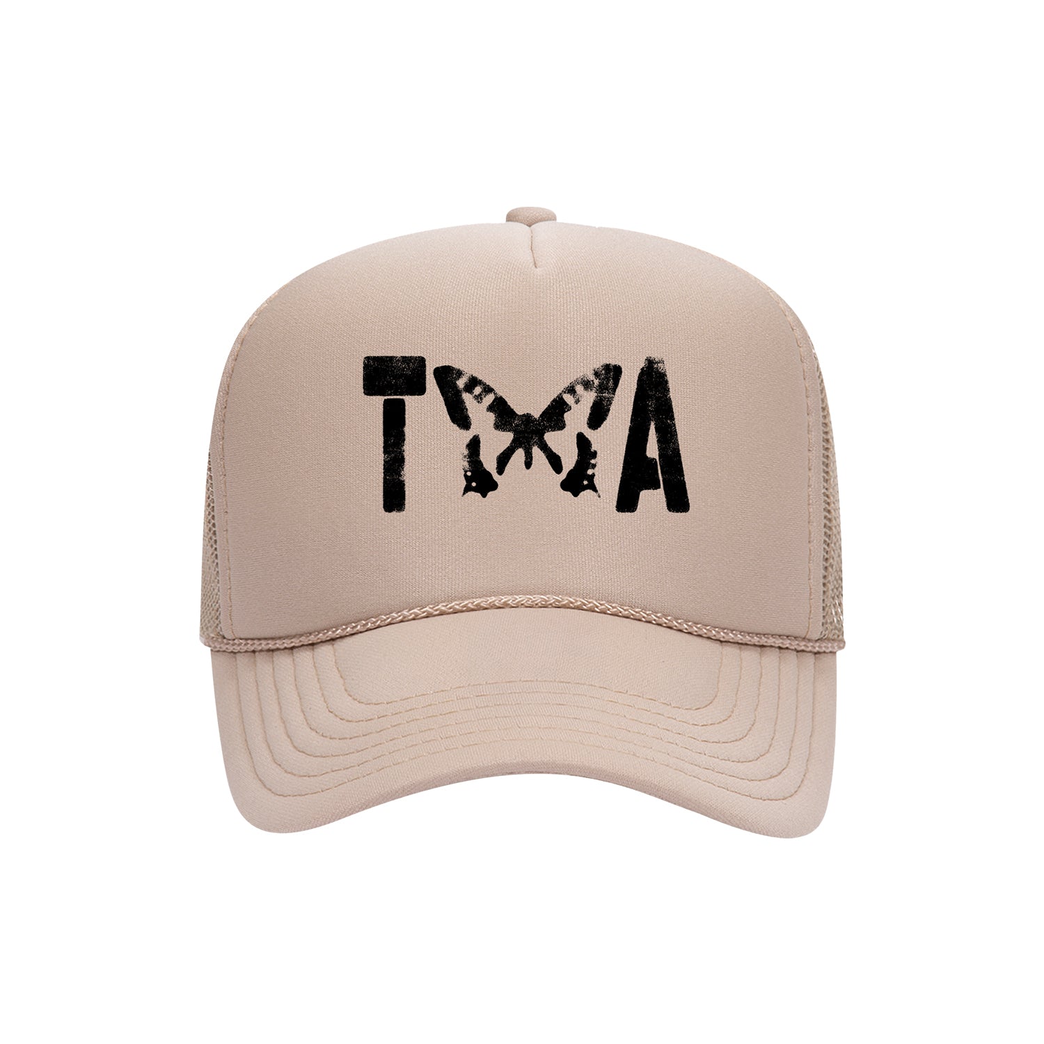 A beige Otto Cap Trucker Hat by Taylor Acorn features black T and A letters separated by a black butterfly, replacing the X. Perfect for fans of unique printed hats.