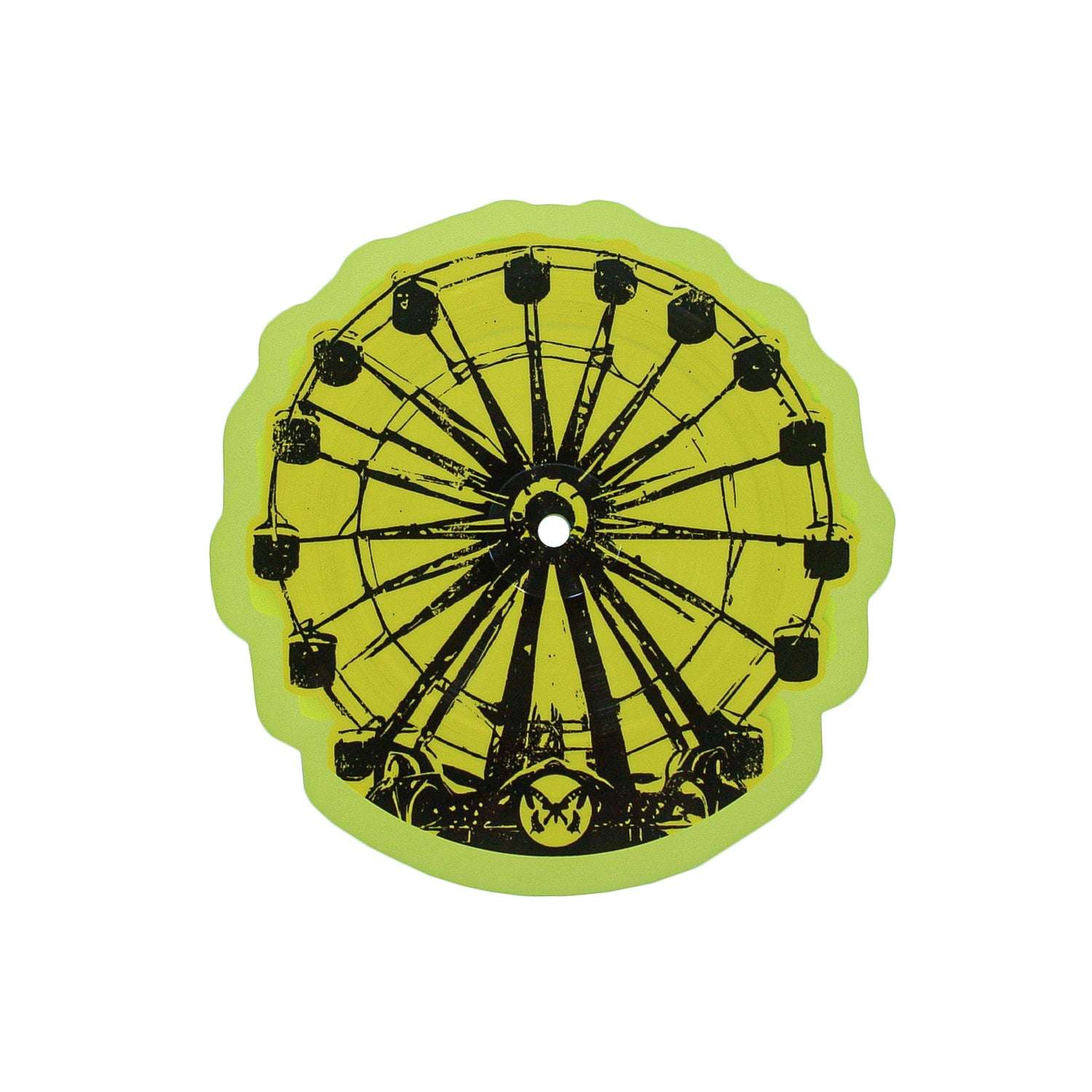 A round, yellow Ferris Wheel Vinyl by Taylor Acorn features a black Ferris wheel illustration, a scalloped edge, and a center hole—its playful design evokes the charm of a theme park when viewed from the front.