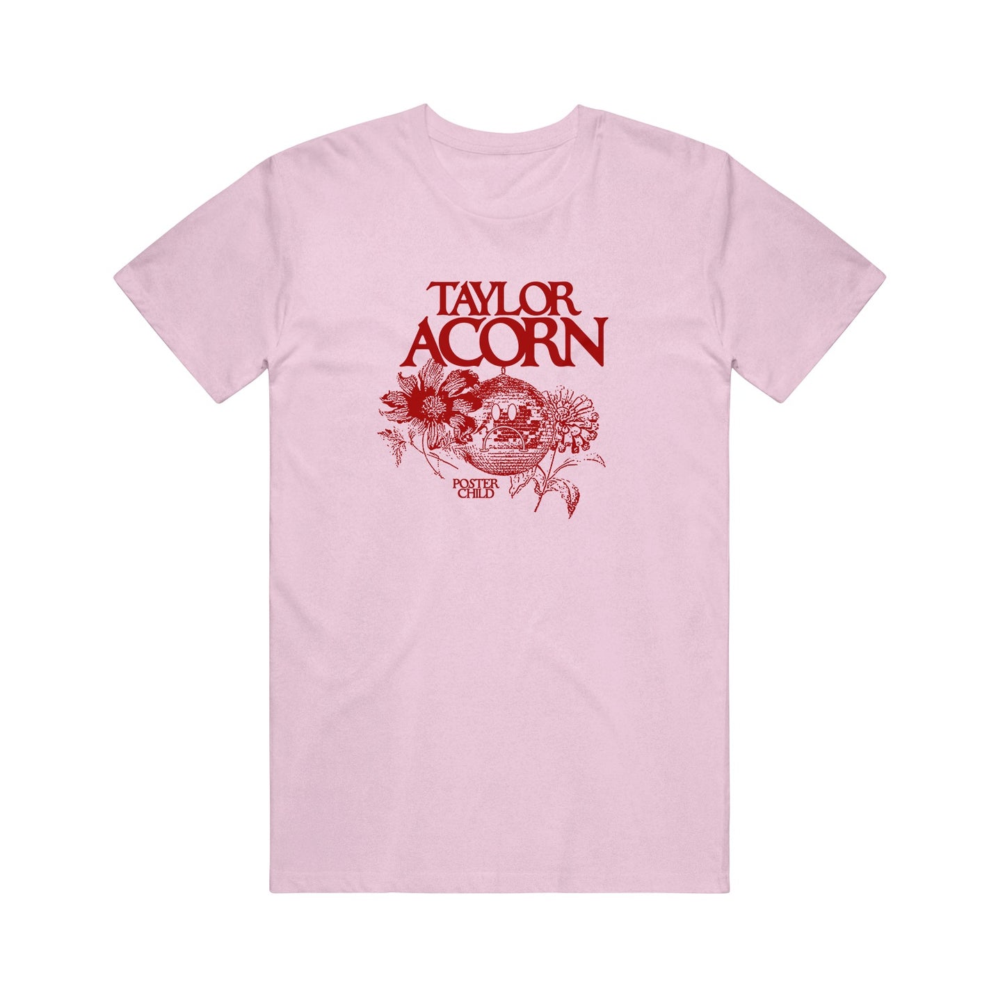 A light pink Comfort Colors T-shirt by Taylor Acorn featuring red "TAYLOR ACORN" text above a floral graphic and "POSTER CHILD" printed below the flowers.