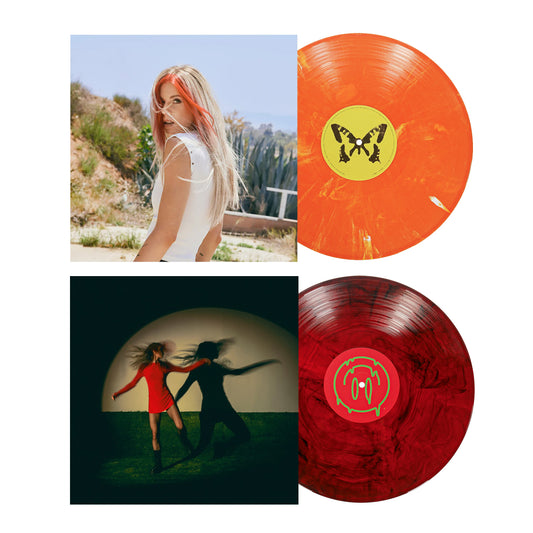 Two square Taylor Acorn albums are shown. The top shows a woman outdoors with an exclusive orange marbled Candy Corn LP. The bottom features two women dancing with a red and black marbled vinyl, both signed by Taylor.