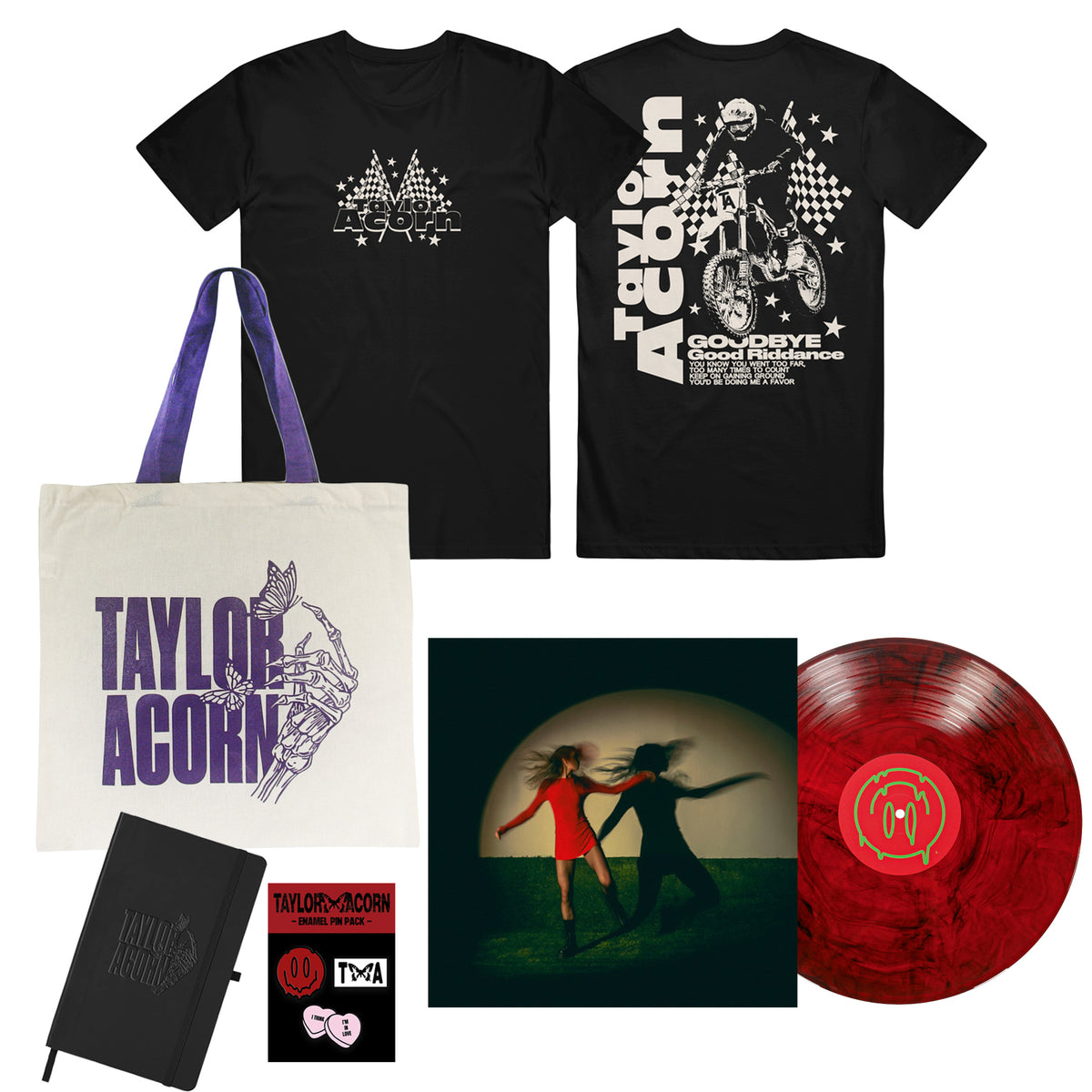 Merchandise set including two black Taylor Acorn shirts, a Taylor Acorn tote bag, a red and black Goodbye Good Riddance Vinyl LP, a notebook, and stickers. The vinyl cover shows two people running in a blurred, artistic style.