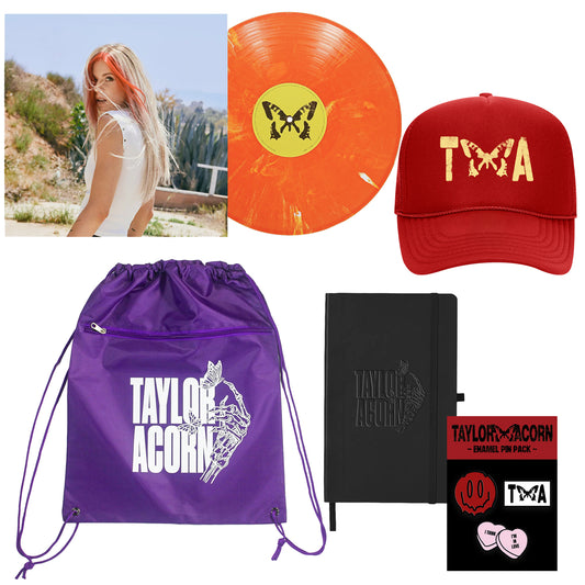 A bundle featuring the exclusive Candy Corn Vinyl LP, a bold red trucker hat, a vibrant purple cinch bag, a black notebook, pin badges, and a photo of a woman outdoors.