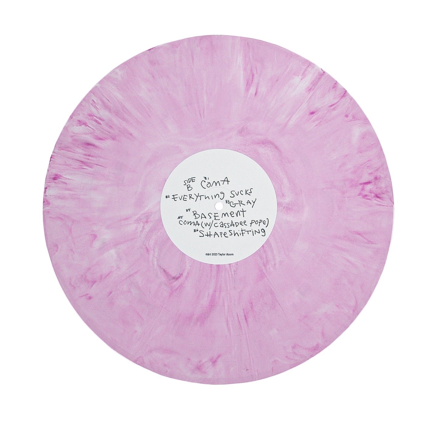 A light purple marbled vinyl by Taylor Acorn with a white center label featuring handwritten song titles and artist info in black ink, including bonus tracks.