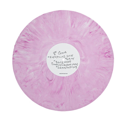 A light purple marbled vinyl by Taylor Acorn with a white center label featuring handwritten song titles and artist info in black ink, including bonus tracks.