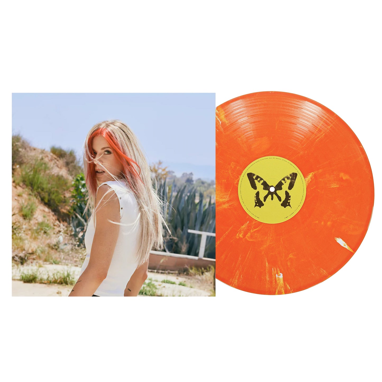 An orange marbled Taylor Acorn vinyl with a yellow butterfly label is shown beside its gatefold jacket, which features a woman with long blonde hair and orange streaks standing outdoors in sunlight.