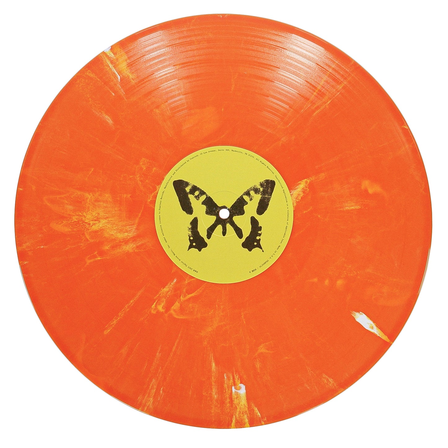 An orange vinyl record with yellow marbling and a yellow center label featuring a black butterfly design, by Taylor Acorn, housed in a gatefold jacket.