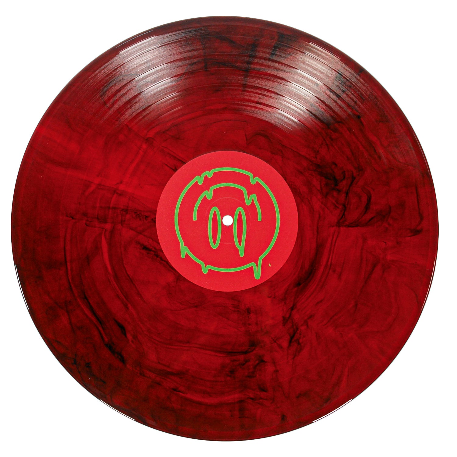 A Taylor Acorn 180G red marbled vinyl record has a green dripping smiley face design on its center label.