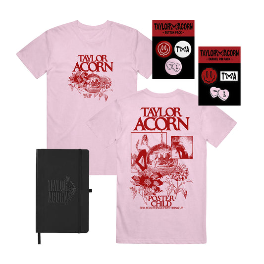 The Taylor Acorn merchandise bundle includes a pink Comfort Colors "Poster Child" T-shirt (front/back designs), a black embossed notebook, a logo enamel pin, and two packs of assorted pins and buttons.