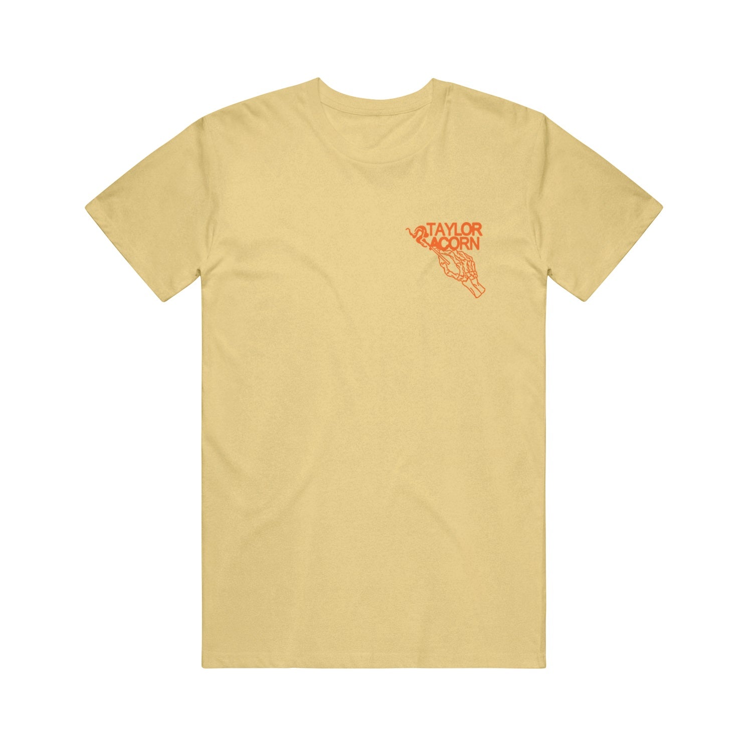 A light yellow Taylor Acorn Comfort Colors t-shirt featuring a small red graphic on the left chest of a hand holding a sign that says TAYLOR ACORN.