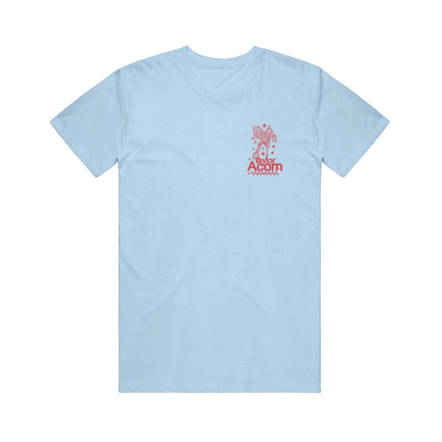 Light blue Comfort Colors t-shirt by Taylor Acorn with a small red abstract acorn graphic above Aby Acorn and a zigzag pattern on the left chest.