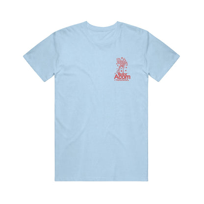 Light blue Comfort Colors t-shirt by Taylor Acorn with a small red abstract acorn graphic above Aby Acorn and a zigzag pattern on the left chest.
