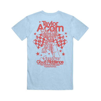 Taylor Acorn Comfort Colors light blue t-shirt features red graphic text and art on the back with two checkered flags, Goodbye Good Riddance phrase, stars, and surrounding smaller text.
