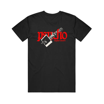 Black Comfort Colors t-shirt by Taylor Acorn featuring Psycho in bold red gothic letters, with Taylor Acorn in smaller red text below and an illustrated knife diagonally crossing the design.