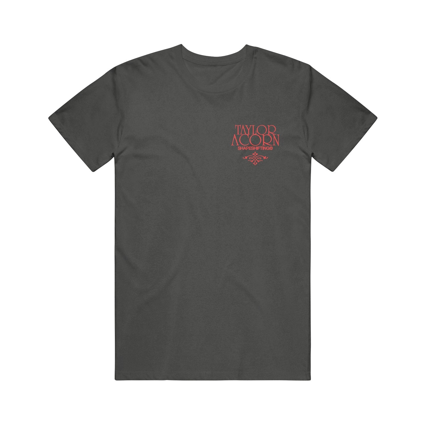 A black short-sleeve Taylor Acorn t-shirt features red text on the left chest with Taylor Acorn above smaller Survivor Two lettering and a small decorative graphic, making it a standout printed shirt.