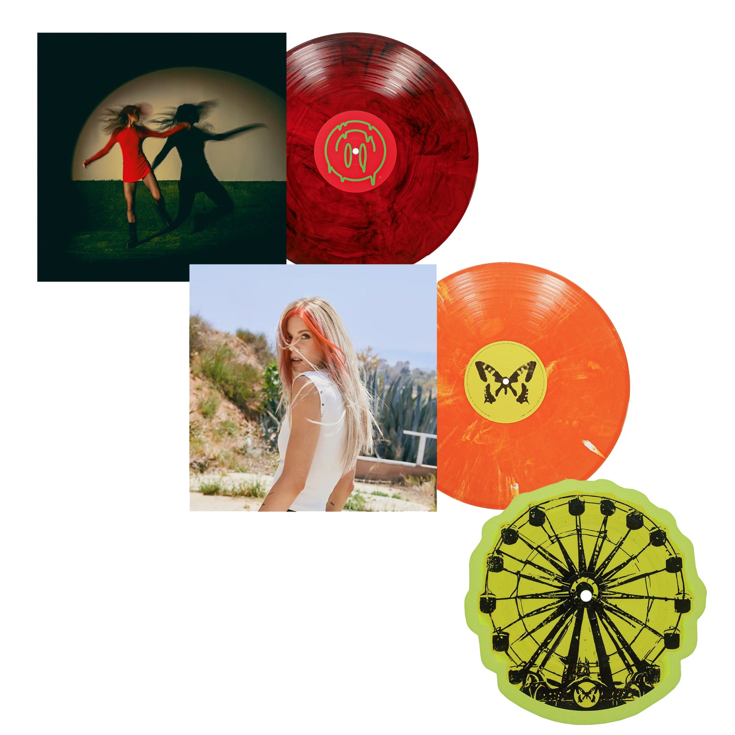 Two vibrant Taylor Acorn vinyl records with unique album covers—one shows two women running in shadows, another features a woman outdoors. Also included is a yellow Candy Corn LP shaped like a Ferris wheel in a gatefold jacket.