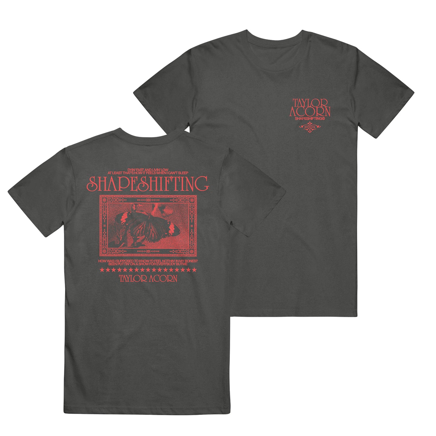 Black Comfort Colors t-shirt by Taylor Acorn featuring red text and graphics. Small Taylor Acorn logo on the front left chest; back displays bold Shapeshifting text, a curled-up figure, and additional Taylor Acorn branding.