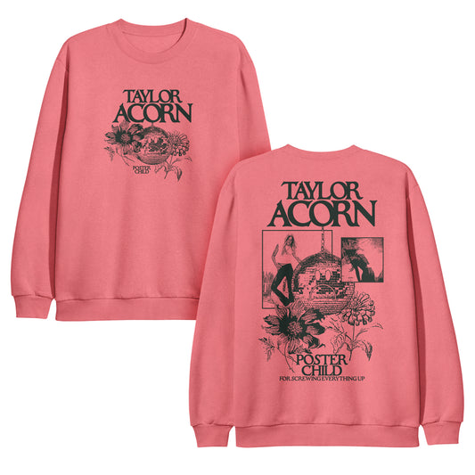 Two pink Watermelon Crewneck sweatshirts by Taylor Acorn in XX-Large, both with black text: "TAYLOR ACORN" and "POSTER CHILD." Features floral art, a woman, and a brick dome. Images show the front and back designs.